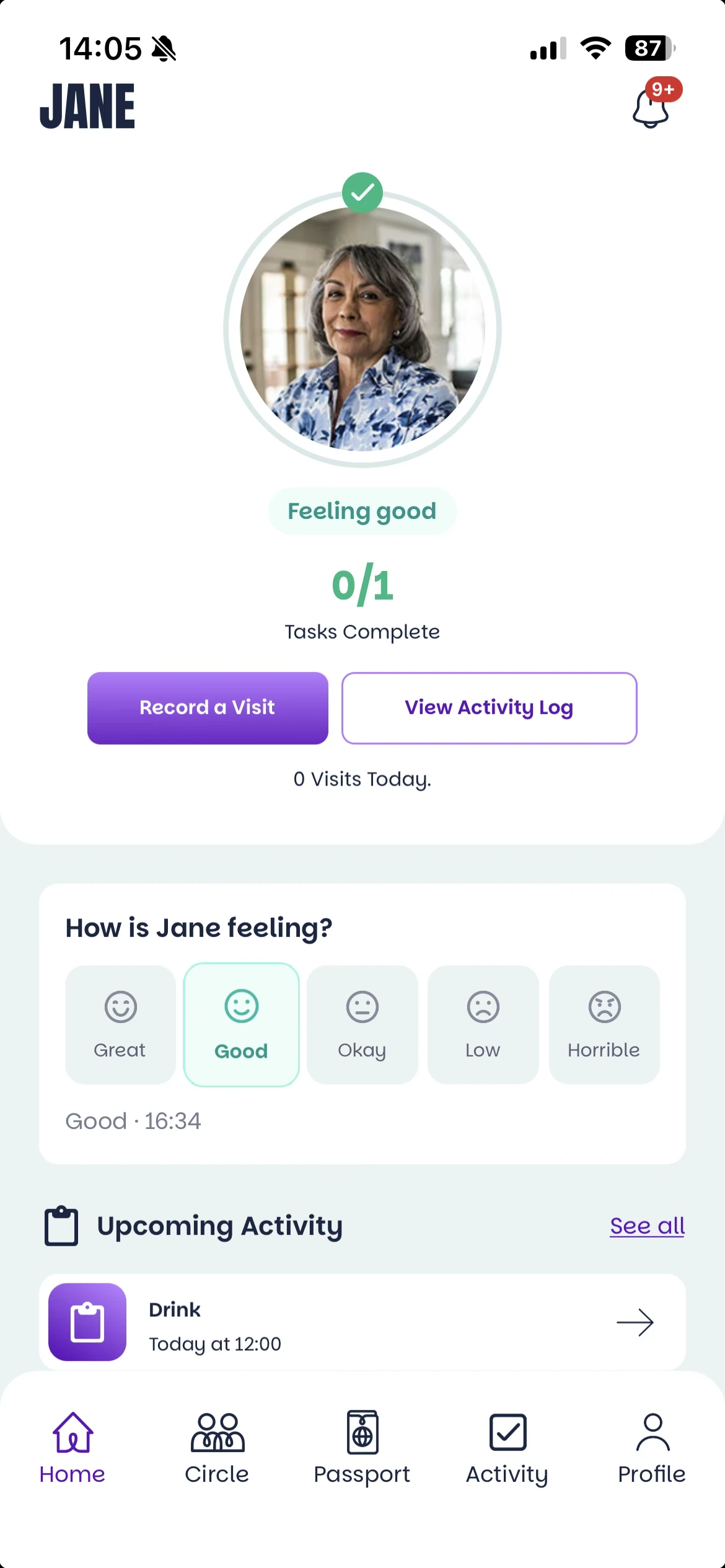 Kinable daily-care screen showing tasks, visit recording, an activity log, a wellbeing check-in and upcoming activity.