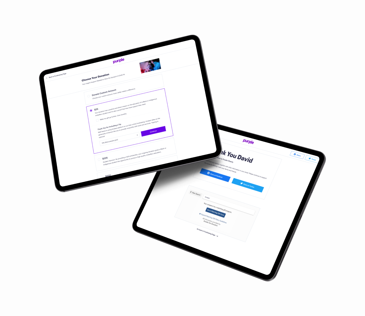 Kindest donation amount selection and donation confirmation displayed on two tablets.