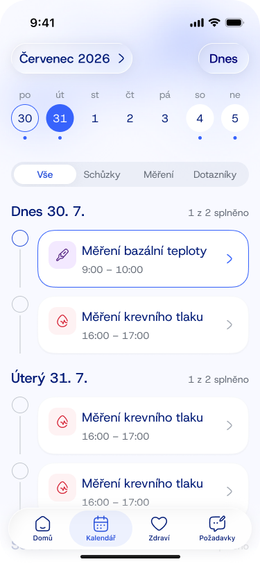 Medihome calendar with a weekly date selector, task filters and scheduled health measurements grouped by day.