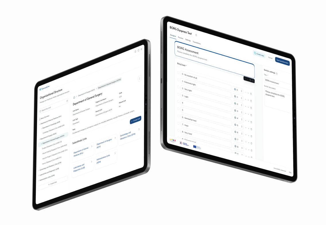 FNOL telemedicine questionnaire builder and organizational structure displayed on two tablets.