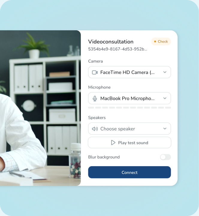 FNOL telemedicine video consultation screen with camera and audio setup.