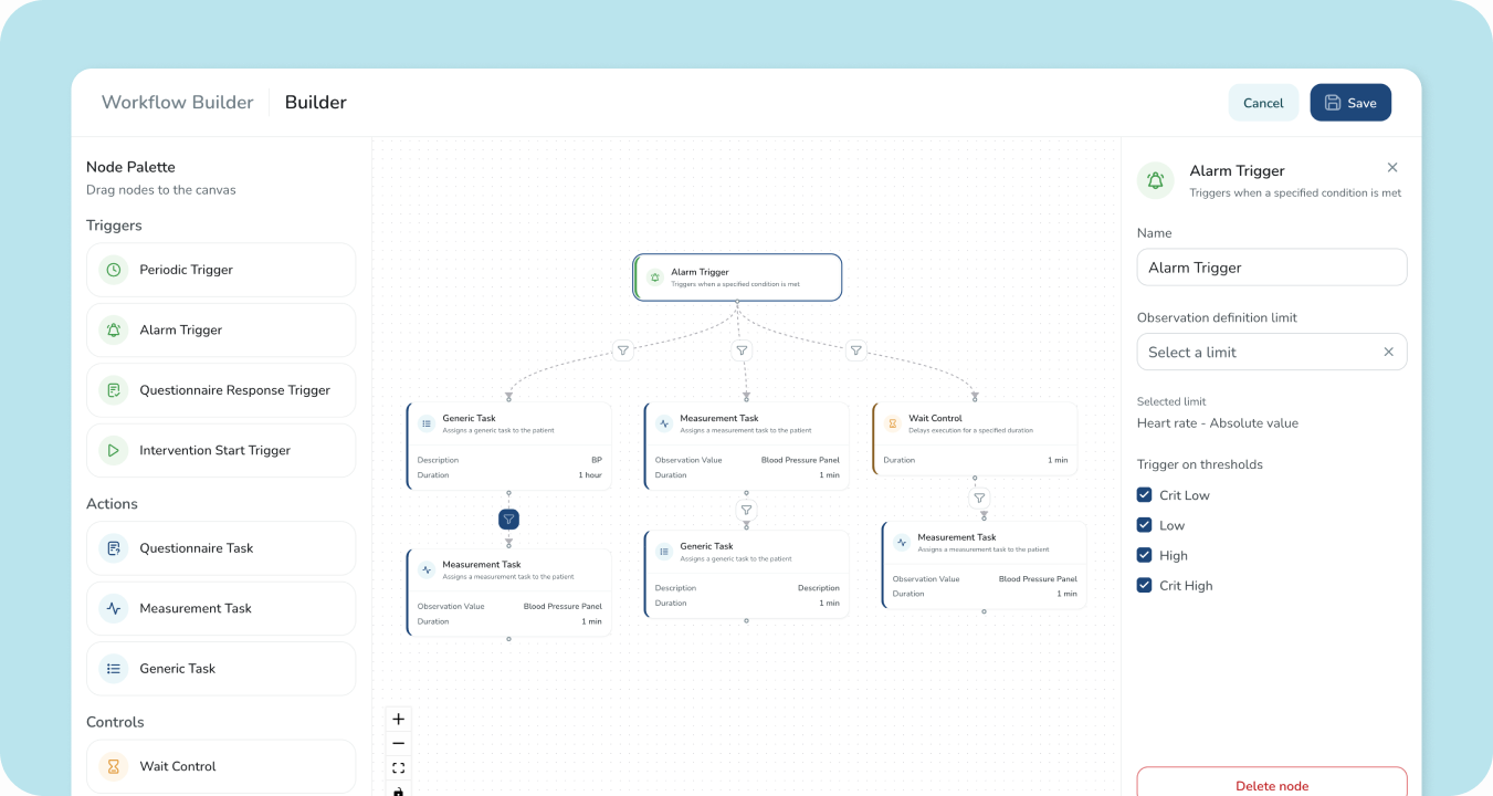 FNOL telemedicine workflow builder connecting alarm triggers with care tasks.